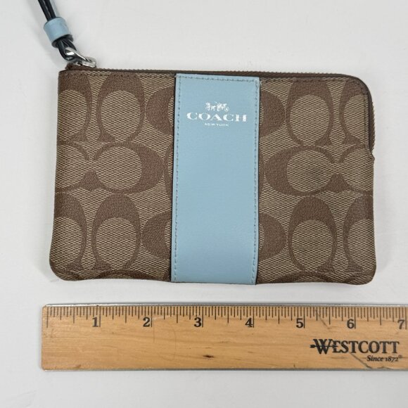 Coach Signature Canvas Corner Zip Wristlet Brown Light Blue Leather Trim - Picture 5 of 8